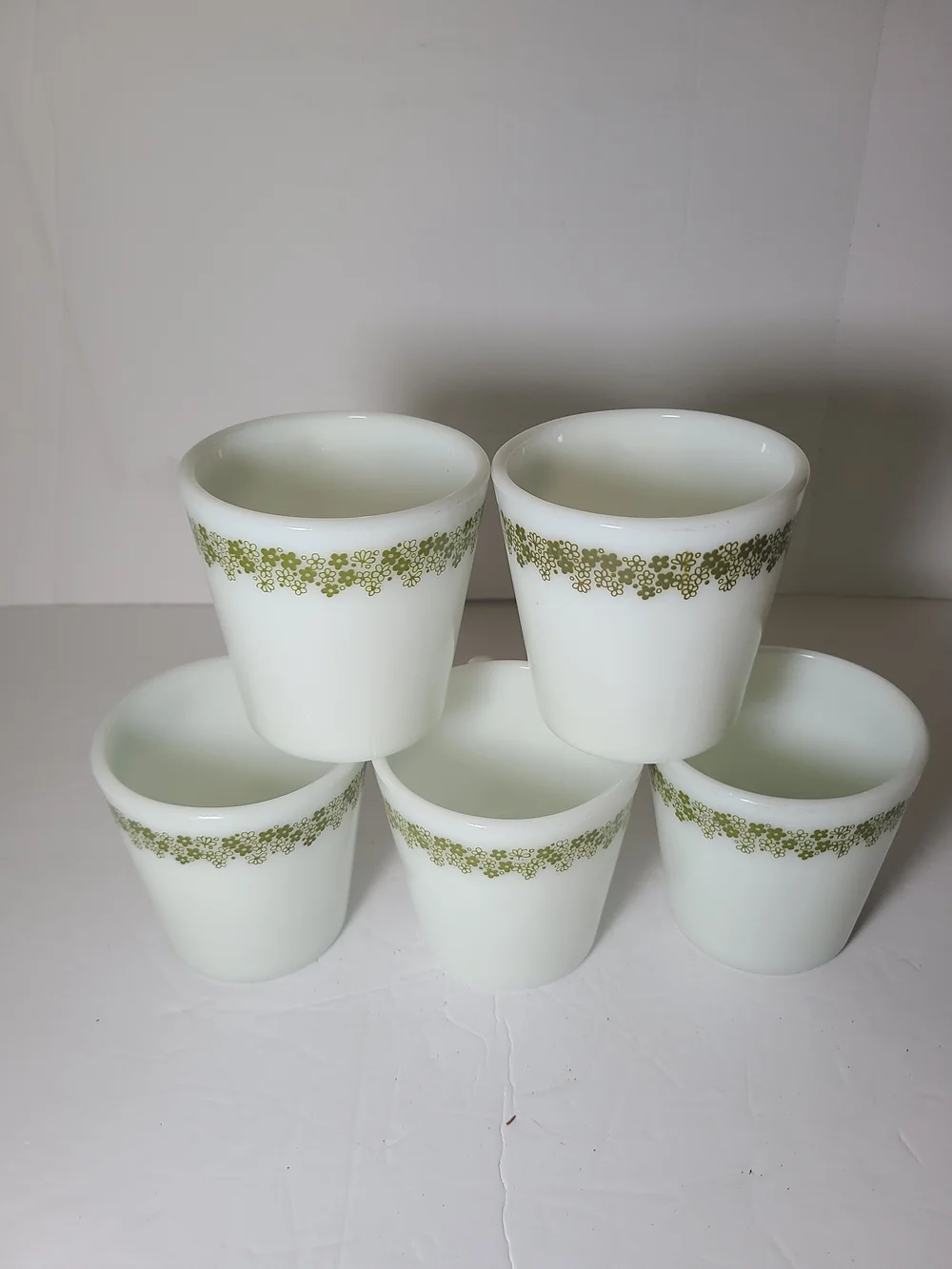 Vintage Pyrex White Milk Glass Planter Cups with Green CraY Daisy - Set of 5